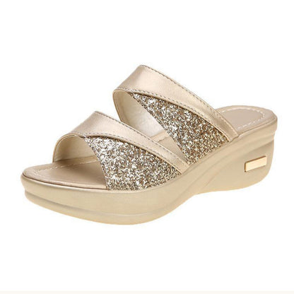 Edna – Gouden Wedge Slide Sandalen met Pailletten en Open Teen
