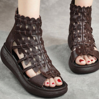 Ondine - Comfortabele Chocolade Leren Peep-Toe Sandalen