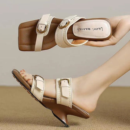 Luana – Khaki Wedge Slide Sandalen met Openingen en Open Teen