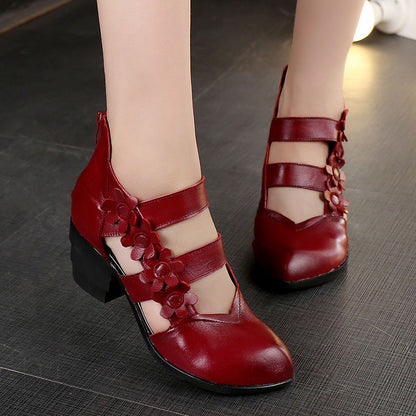Leen - Retro Leren Wedge Sandalen met Bloemenprint