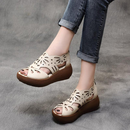 Riva - Handgemaakte Leren Retro Platform Wedge Sandalen