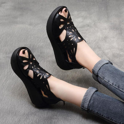 Riva - Handgemaakte Leren Retro Platform Wedge Sandalen