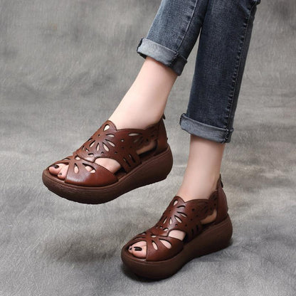 Riva - Handgemaakte Leren Retro Platform Wedge Sandalen