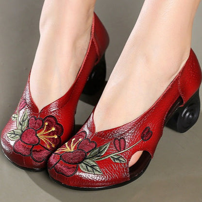 Merel - Retro Leren Wedge Sandalen met Bloemenprint